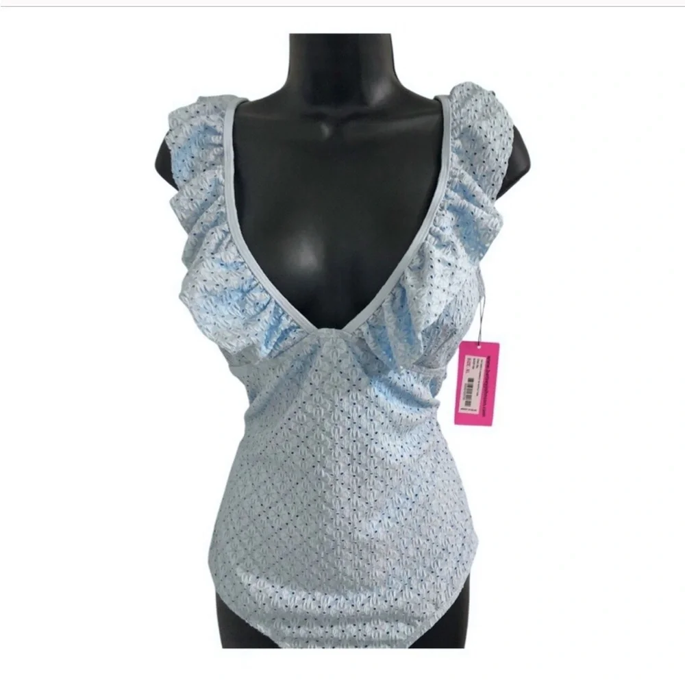 Betsey Johnson Clear sky blue 1piece Ruffle strap eyelet Swimsuit size small new